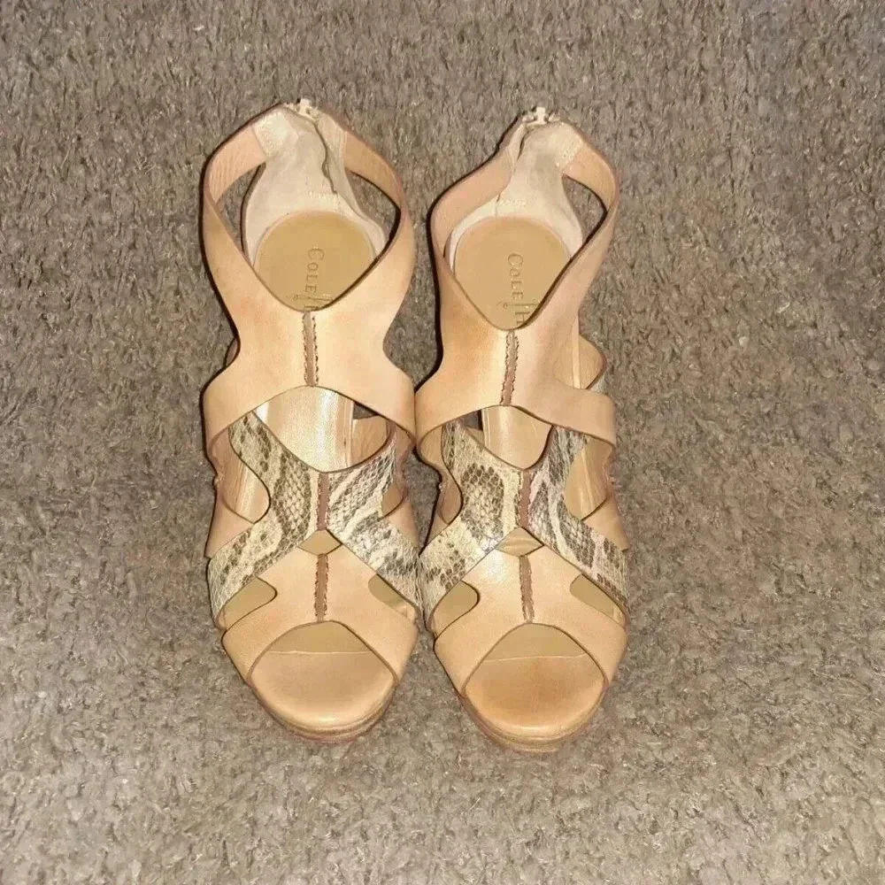 COLE HAAN AIR-Kimry- Leather Beige Snake Print Wedge Sandal-SZ 10-Excellent